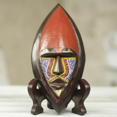 Máscara africana de madera con cuentas - Máscara Africana de Madera Tallada a Mano con Cuentas de Colores