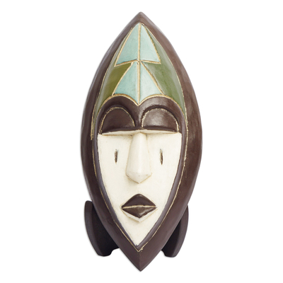 African beaded wood mask, 'Patience' - Hand Crafted African Wood Mask of Patience with Stand