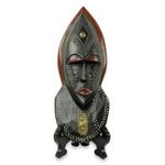 African beaded wood mask, 'Ntoboase III' - African Patience Wood Mask with Stand Crafted by Hand
