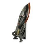 African beaded wood mask, 'Ntoboase III' - African Patience Wood Mask with Stand Crafted by Hand