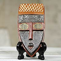 African beaded wood mask, 'Elavanyo' - Hand Carved African Wood Mask with Stand from Ghana