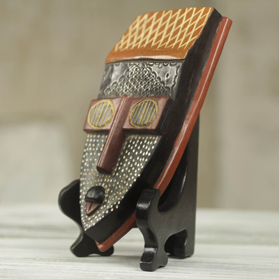 African beaded wood mask, 'Elavanyo' - Hand Carved African Wood Mask with Stand from Ghana