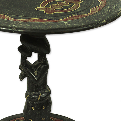 Wood accent table, 'Mother and Child' - Hand Carved African Accent Table with Adinkra Symbol