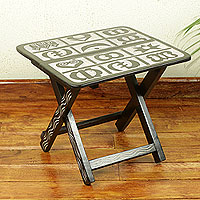 Wood folding accent table, 'Adinkra' - Brown and Cream Wood Folding Table with Adinkra Symbols