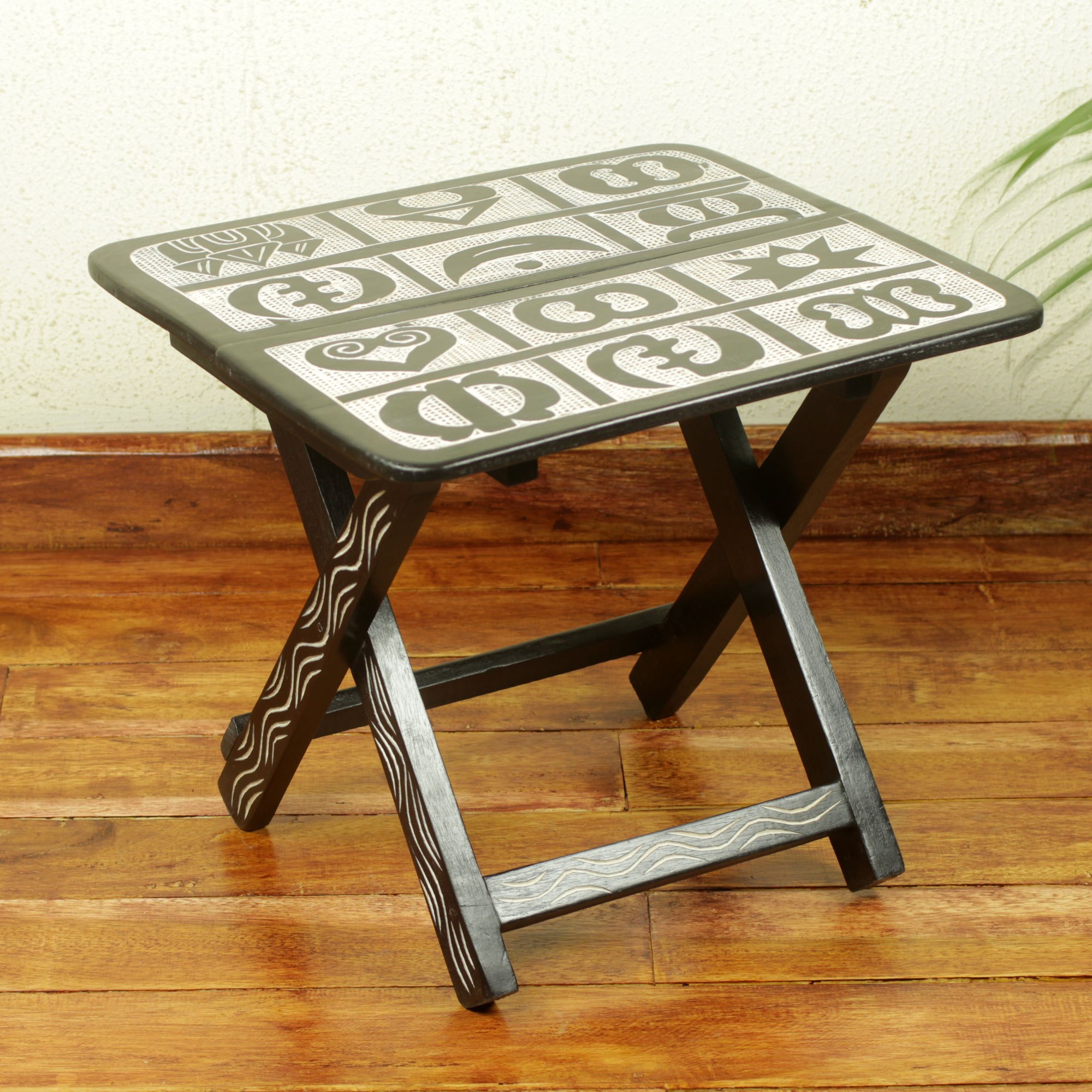 Brown And Cream Wood Folding Table With Ara Symbols