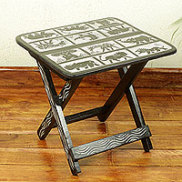Wood folding accent table, 'Forest' - Folding Accent Table with Animal Motifs from Ghana