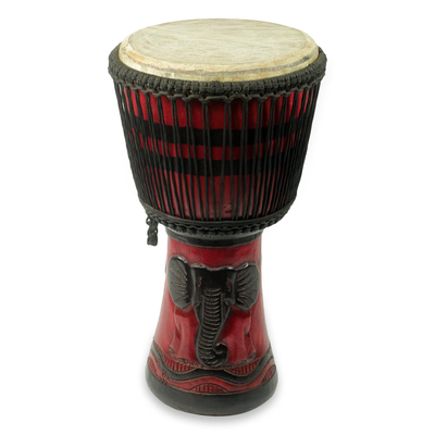 Wood djembe drum, 'Elephant Mask' - Authentic African Handcrafted Djembe Drum