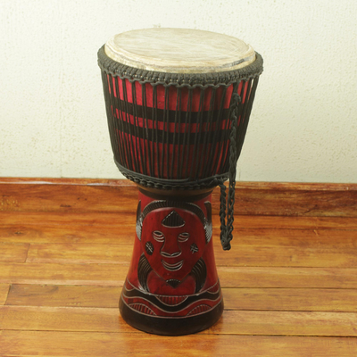 Wood djembe drum, 'Elephant Mask' - Authentic African Handcrafted Djembe Drum