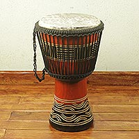 Wood djembe drum, 'Kente Spirit' - Handcrafted Kente Theme Authentic African Djembe Drum