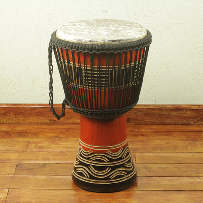 Wood djembe drum, 'Kente Spirit' - Handcrafted Kente Theme Authentic African Djembe Drum
