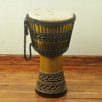 Holz-Djembe-Trommel, 'Wisdom Knot' - Adinkra Thema Authentische afrikanische Djembe Handgefertigte Trommel