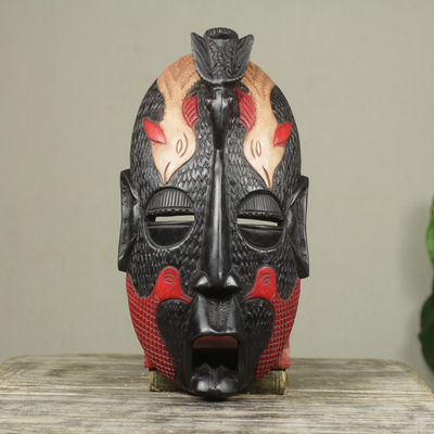 African wood mask, 'Flying' - Hand Carved African Wood Mask with Five Birds Design