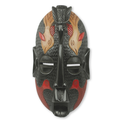 African wood mask, 'Flying' - Hand Carved African Wood Mask with Five Birds Design
