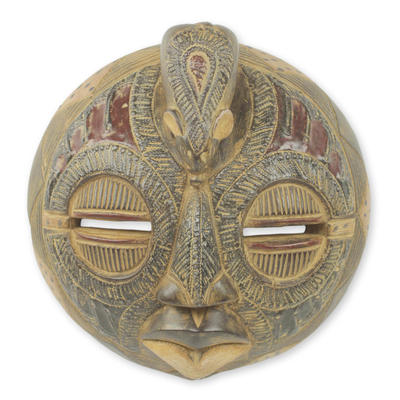 African wood mask, 'Elephant of Happiness' - Elephant Theme Handcrafted Circular African Wall Mask