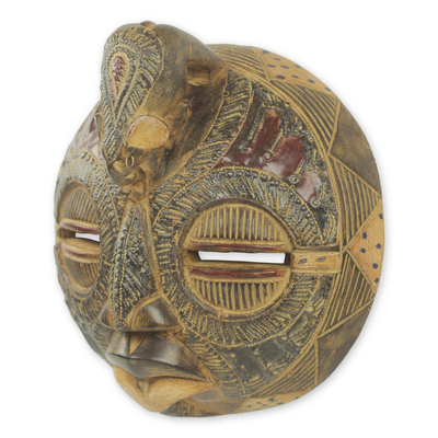Afrikanische Holzmaske - Handgefertigte runde afrikanische Wandmaske mit Elefantenmotiv