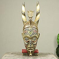 African wood mask, 'Lovebird' - Hand Carved Lovebird African Mask with Horns