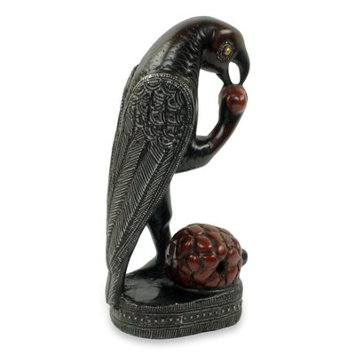 Wood sculpture, 'Parrot with Palm Fruit' - Handcrafted African Bird Theme Wood Sculpture