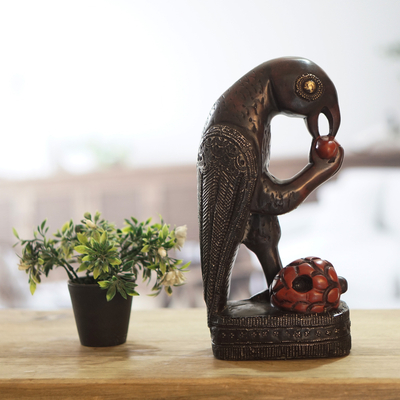 Wood sculpture, 'Parrot with Palm Fruit' - Handcrafted African Bird Theme Wood Sculpture