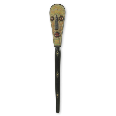Beaded African wood mask, 'Cornmeal Stew Cook' - Authentic African Wall Mask with Beadwork and Metal Inlay