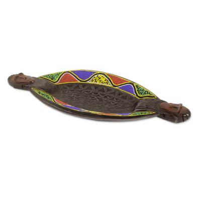 African decorative wood tray, 'Cape Coast Waves' - Colorful African Beaded Wood Decorative Tray