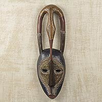 African wood and brass mask, 'Imposing Eagle' - Embossed Brass and Wood African Decorative Bird Wall Mask