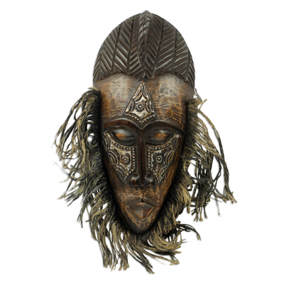 African wood and aluminum mask, 'Frafra Dancer' - Original African Tribal Dance Mask Crafted in Wood and Metal