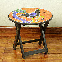 Wood folding table, 'Akukor' - Artisan Crafted Wood Folding Table with Beaded Top