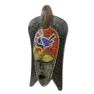 African wood mask, 'Sankofa Philosophy' - African Wood Wall Mask with Beaded Adinkra Symbol