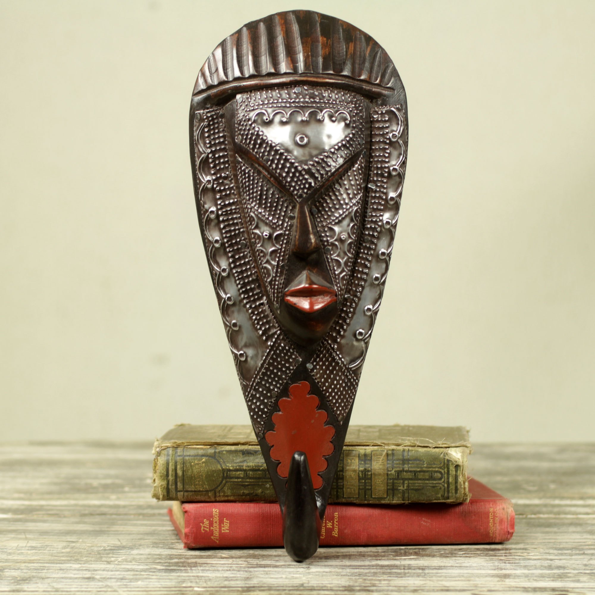 Handmade 2 In 1 African Wood Wall Mask And Coat Hook Face Of Strength