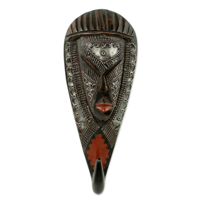 African wood mask and coat hook, 'Face of Strength' - Handmade 2-in-1 African Wood Wall Mask and Coat Hook