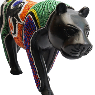 Mahogany wood sculpture, 'Panther Realm' - Wood Panther Sculpture with Elephant and Bird Beadwork