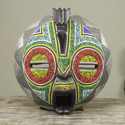 African wood mask, 'Anoma Guardian' - Beaded Bird Theme African Mask with Aluminum