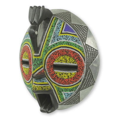 African wood mask, 'Anoma Guardian' - Beaded Bird Theme African Mask with Aluminum