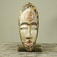 African wood mask, 'Gye Nyame Power' - African Wood and Aluminum Mask with Adinkra Symbol