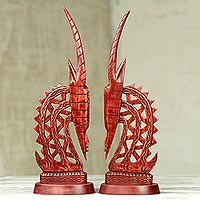 Mahogany sculptures, 'Bambara Antelopes' (pair) - Hand Crafted Wood Sculpture of African Antelopes (Pair)