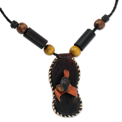 Leather, bamboo and sese wood necklace,