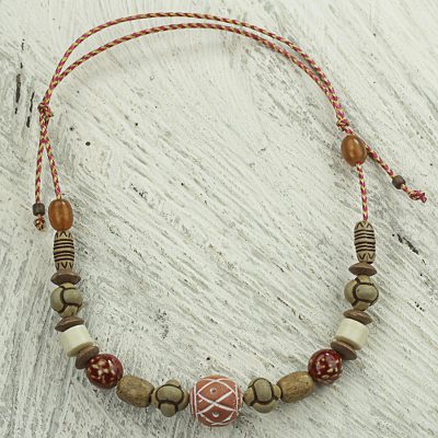 Ceramic and wood beaded necklace, 'Prosperity Link' - Artisan Crafted Sese Wood and Terracotta Beaded Necklace