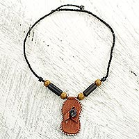Leather, bamboo, and wood pendant necklace, 'Ahenema Royalty' - Handmade Necklace with Leather Pendant and Beaded Accents