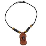 Leather, bamboo, and wood pendant necklace, 'Ahenema Royalty' - Handmade Necklace with Leather Pendant and Beaded Accents