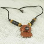 Leather, bamboo, and wood pendant necklace, 'Ahenema Royalty' - Handmade Necklace with Leather Pendant and Beaded Accents