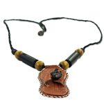 Leather, bamboo, and wood pendant necklace, 'Ahenema Royalty' - Handmade Necklace with Leather Pendant and Beaded Accents