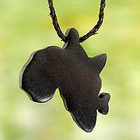 Ebony and leather pendant necklace, 'Star of Africa' - Handcrafted Leather and Ebony Necklace with African Map