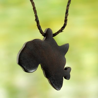 Ebony and leather pendant necklace, 'Star of Africa' - Handcrafted Leather and Ebony Necklace with African Map