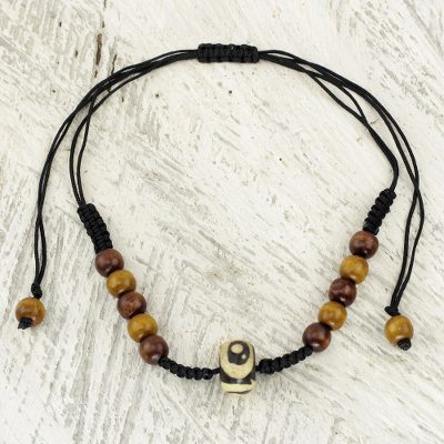 Wood beaded necklace, 'Hope of Ghana' - Handcrafted Wood Beaded Necklace with Batik on Bone Accent