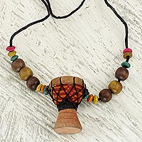 Beaded wood pendant necklace, 'Kpanlogo' - Unique African Kpanlogo Drum Pendant Necklace