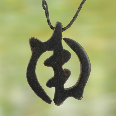 Ebony and leather pendant necklace, 'God-Fearing Faith' - Leather and Ebony Necklace with African Gye Nyame