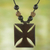 Wood pendant necklace, 'Adinkra Cross' - Ebony Bamboo and Sese Wood Floral Adinkra Pendant Necklace (image 2) thumbail