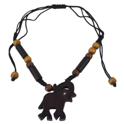 Ebony and bamboo pendant necklace, 'Trumpeting African Elephant' - Handcrafted Ebony and Bamboo Elephant Theme Necklace