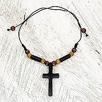 Ebony and bamboo pendant necklace, 'African Cross' - Handcrafted Ebony and Bamboo Cross Necklace from Ghana