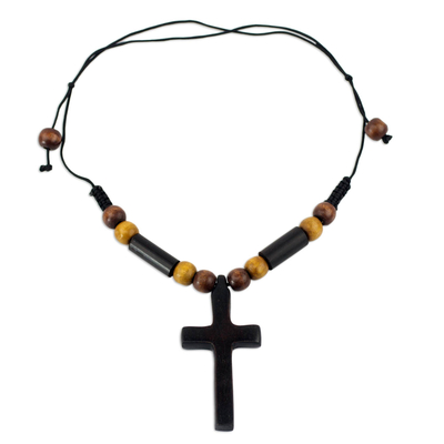 Ebony and bamboo pendant necklace, 'African Cross' - Handcrafted Ebony and Bamboo Cross Necklace from Ghana